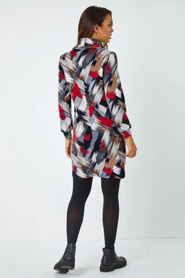 Red Cowl Neck Abstract Print Stretch Dress Women Roman Dresses