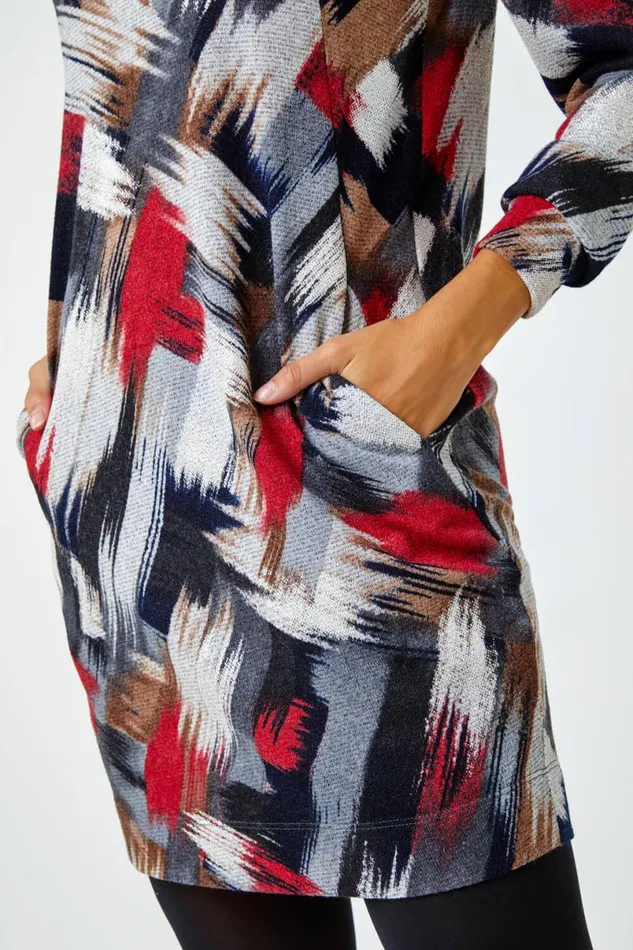 Red Cowl Neck Abstract Print Stretch Dress Women Roman Dresses