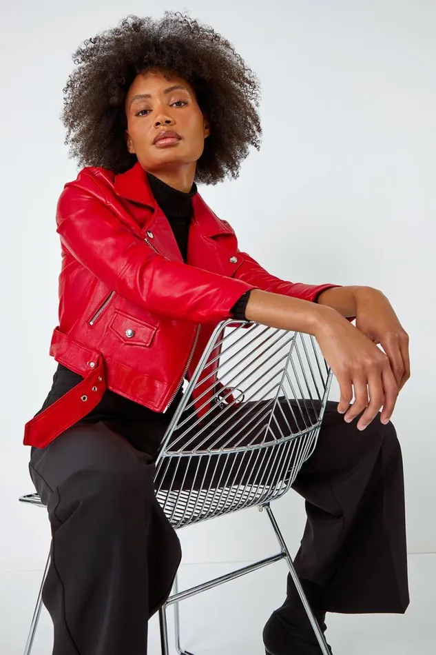 Red Cropped Faux Leather Biker Jacket Women Roman Jackets