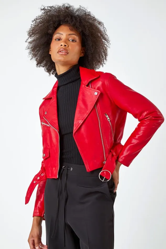 Red Cropped Faux Leather Biker Jacket Women Roman Jackets