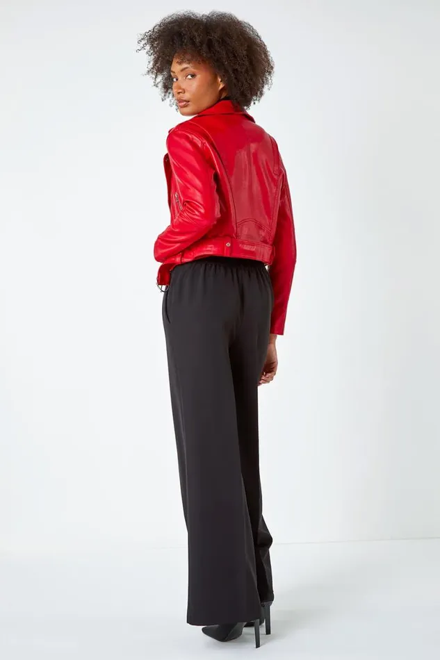 Red Cropped Faux Leather Biker Jacket Women Roman Jackets