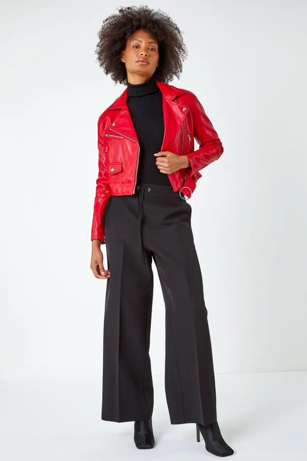Red Cropped Faux Leather Biker Jacket Women Roman Jackets