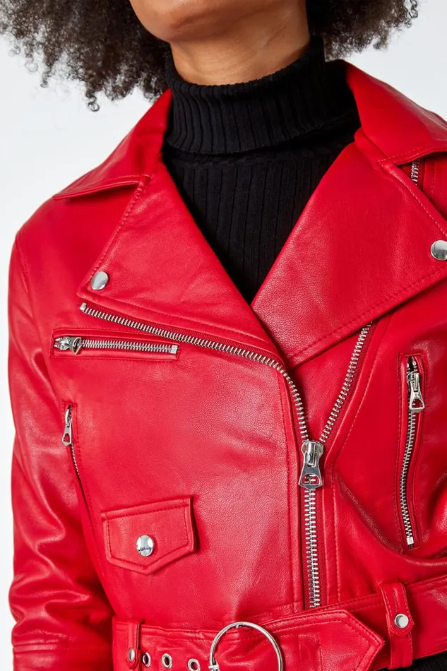 Red Cropped Faux Leather Biker Jacket Women Roman Jackets