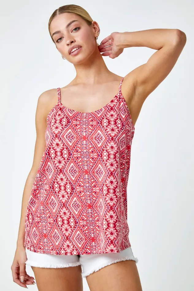 Red Cross Back Aztec Print Stretch Vest Women Roman Tops