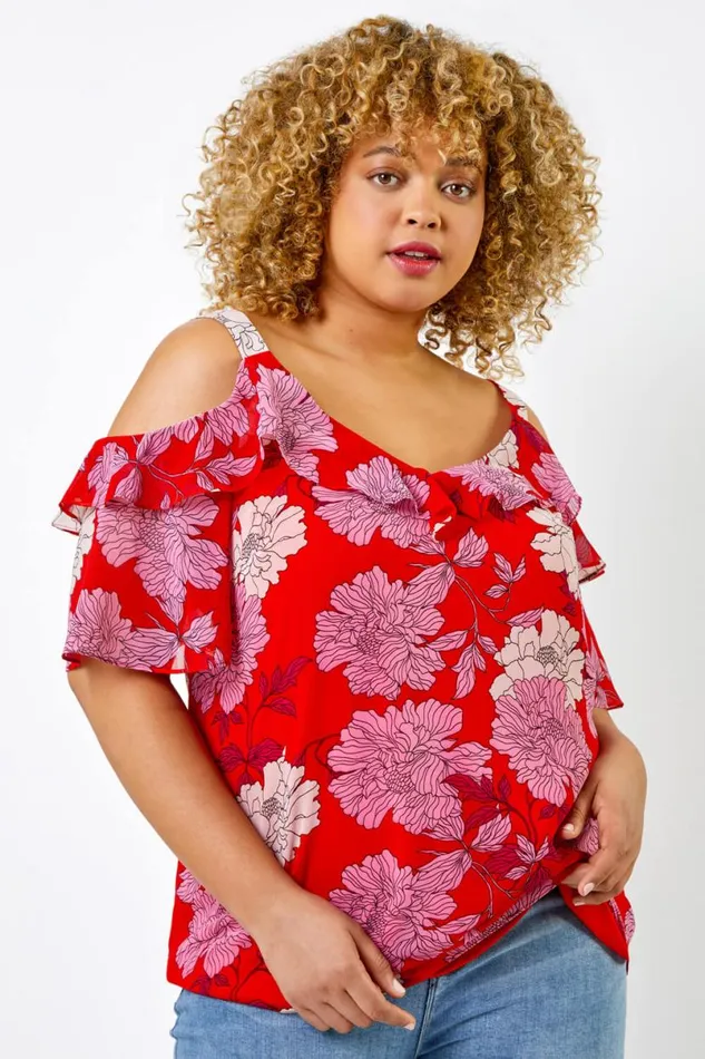 Red Curve Floral Cold Shoulder Chiffon Frill Detail Top Women Roman Tops