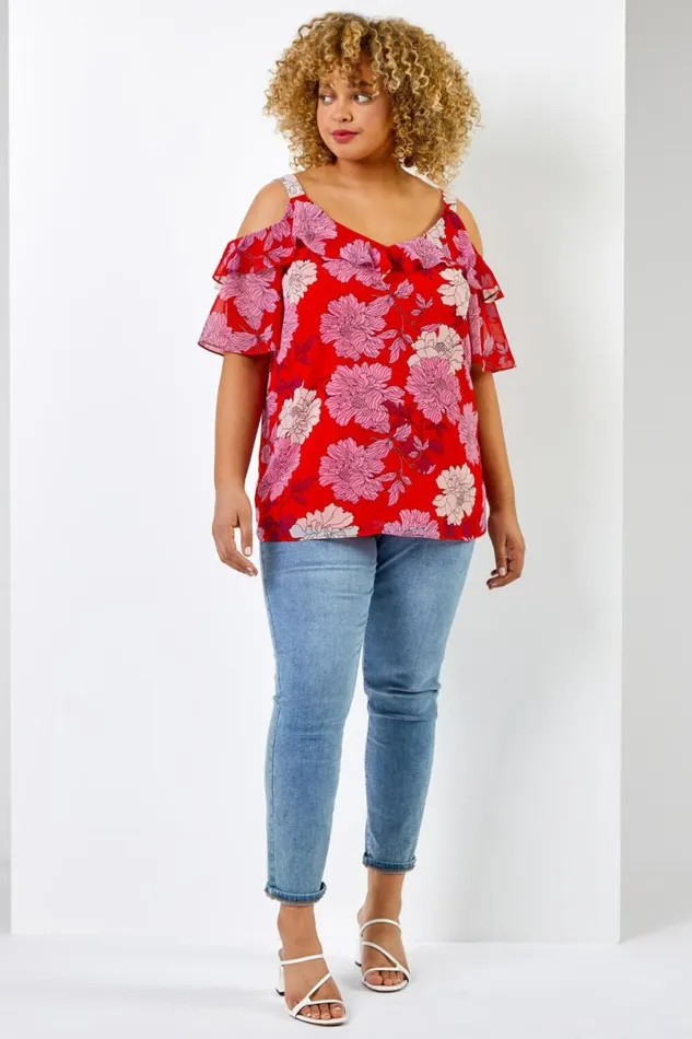 Red Curve Floral Cold Shoulder Chiffon Frill Detail Top Women Roman Tops