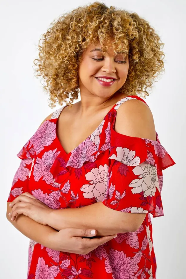 Red Curve Floral Cold Shoulder Chiffon Frill Detail Top Women Roman Tops