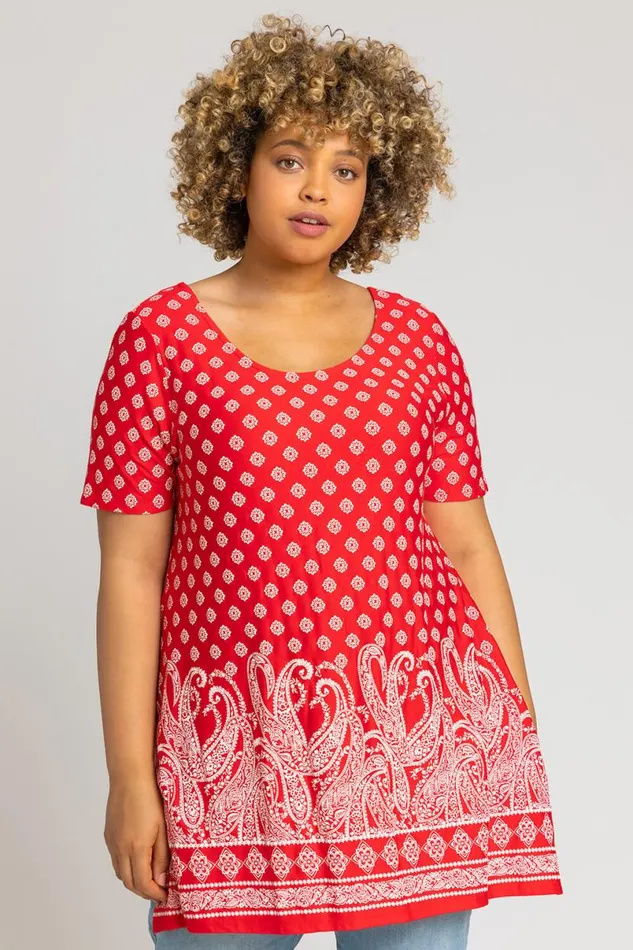 Red Curve Paisley Border Print Top Women Roman Tops