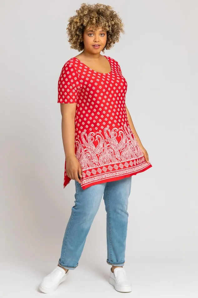 Red Curve Paisley Border Print Top Women Roman Tops