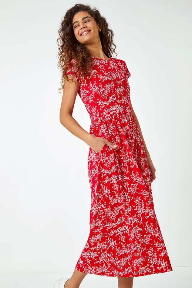 Red Ditsy Gathered Skirt Stretch Midi Dress Women Roman Dresses