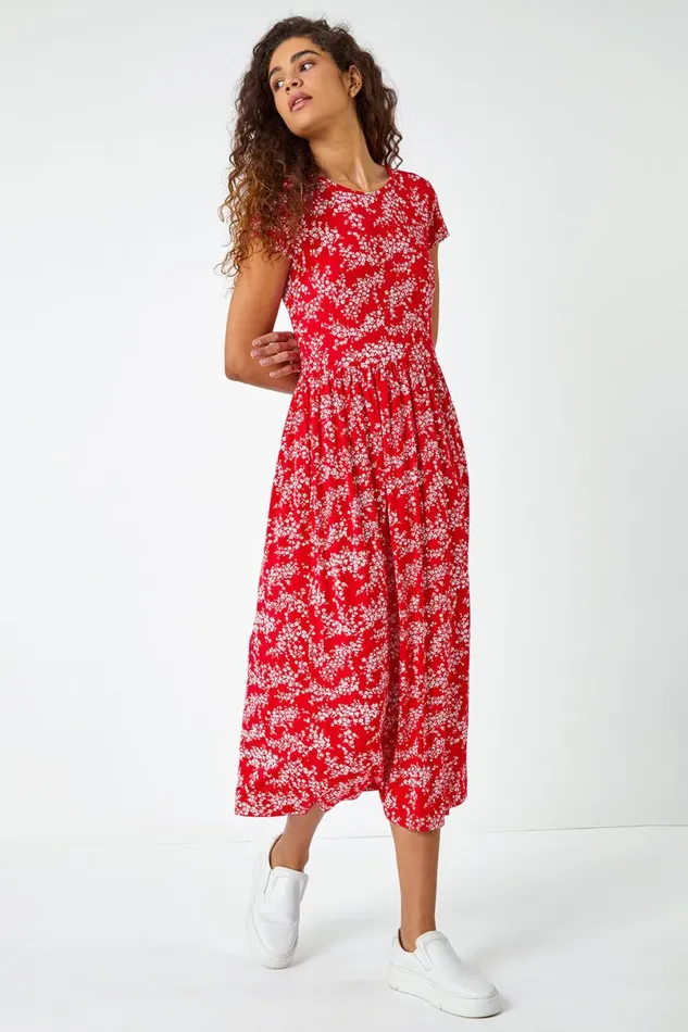 Red Ditsy Gathered Skirt Stretch Midi Dress Women Roman Dresses