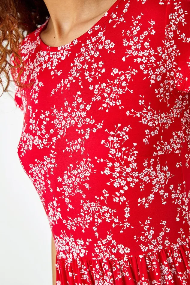 Red Ditsy Gathered Skirt Stretch Midi Dress Women Roman Dresses
