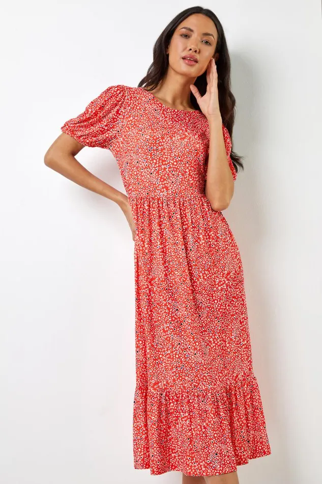 Red Ditsy Leopard Print Frill Hem Midi Dress Women Roman Dresses