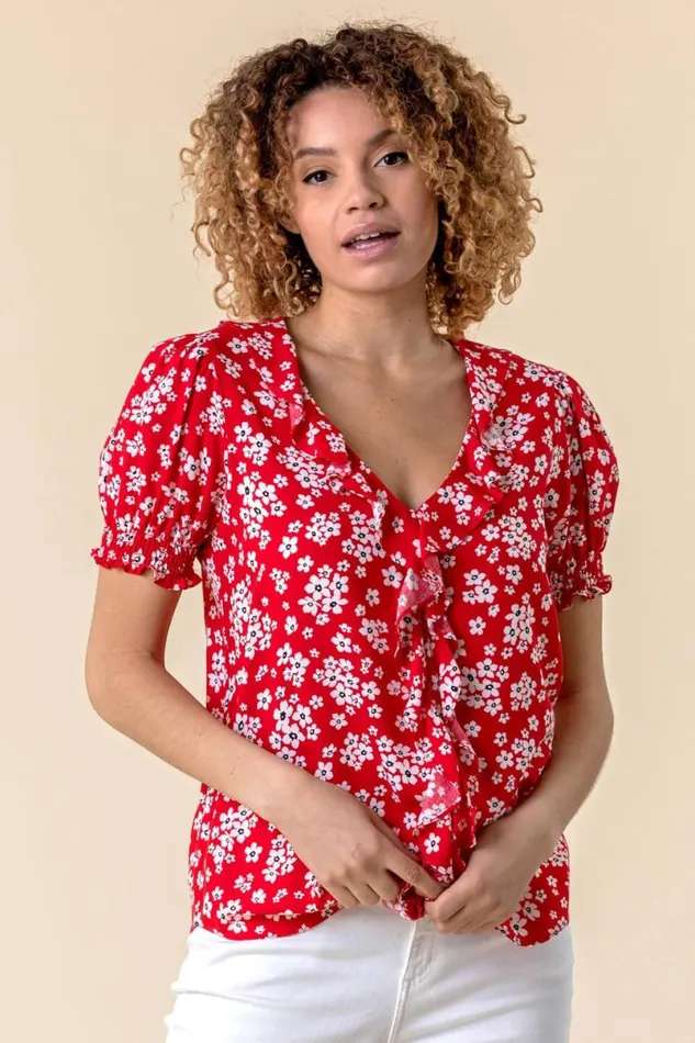 Red Floral Print VNeck Frill Detail Blouse Women Roman Tops