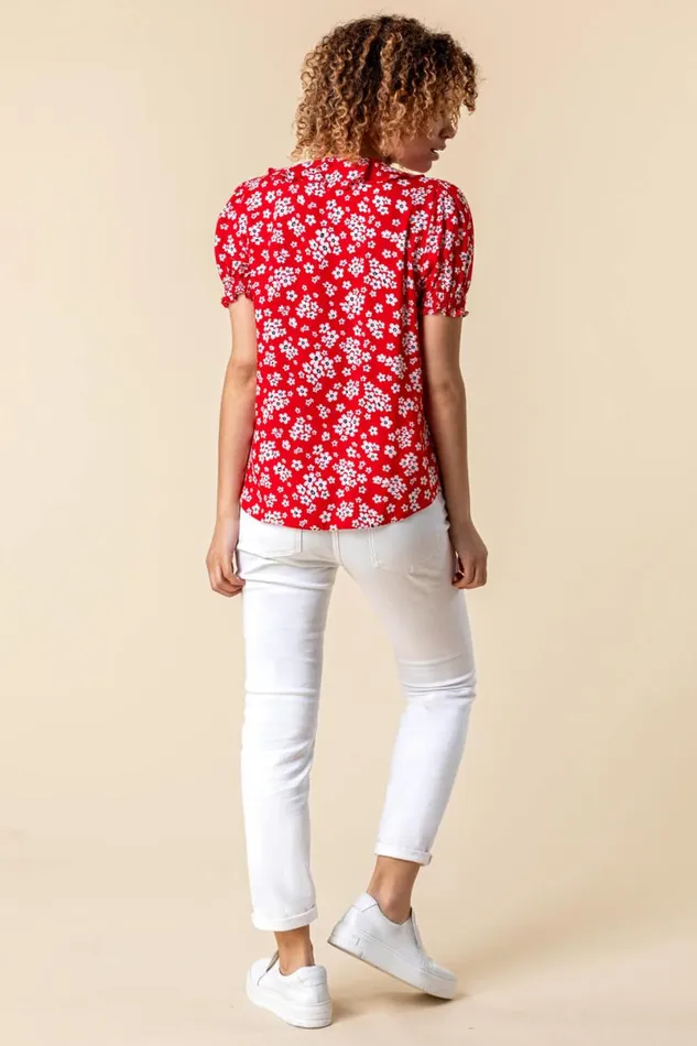 Red Floral Print VNeck Frill Detail Blouse Women Roman Tops