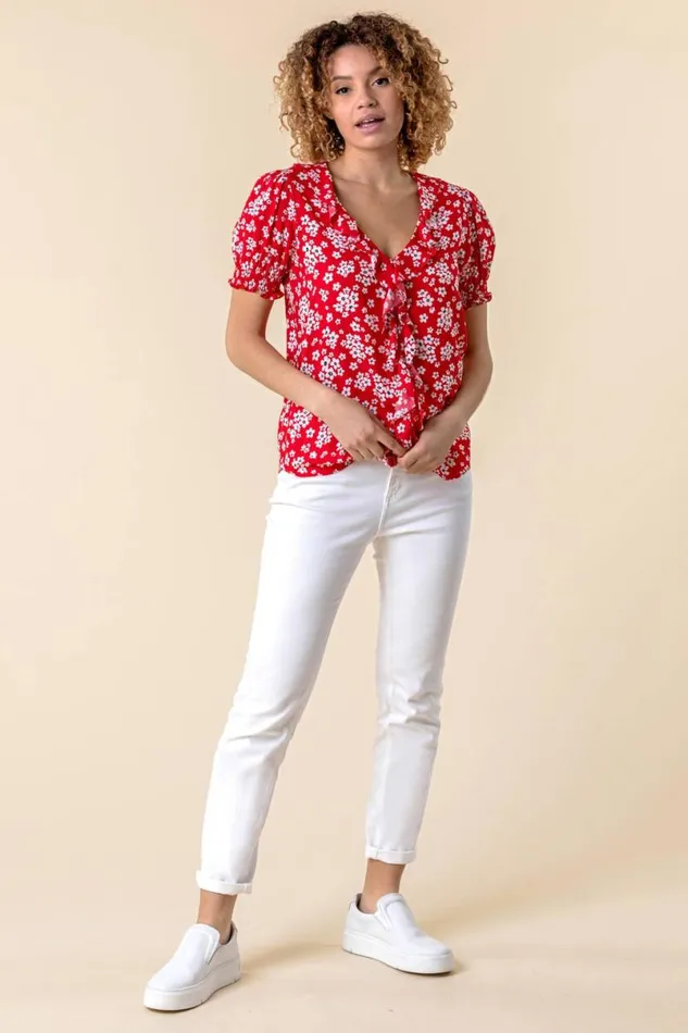 Red Floral Print VNeck Frill Detail Blouse Women Roman Tops