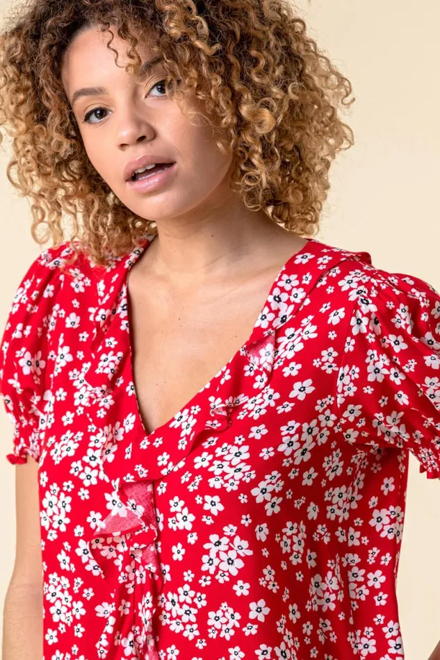 Red Floral Print VNeck Frill Detail Blouse Women Roman Tops