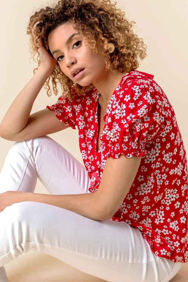 Red Floral Print VNeck Frill Detail Blouse Women Roman Tops