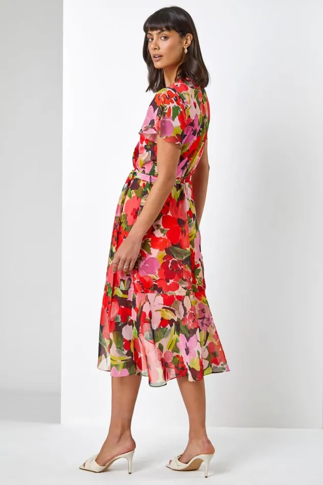 Red Floral Print Wrap Midi Dress Women Roman Dresses