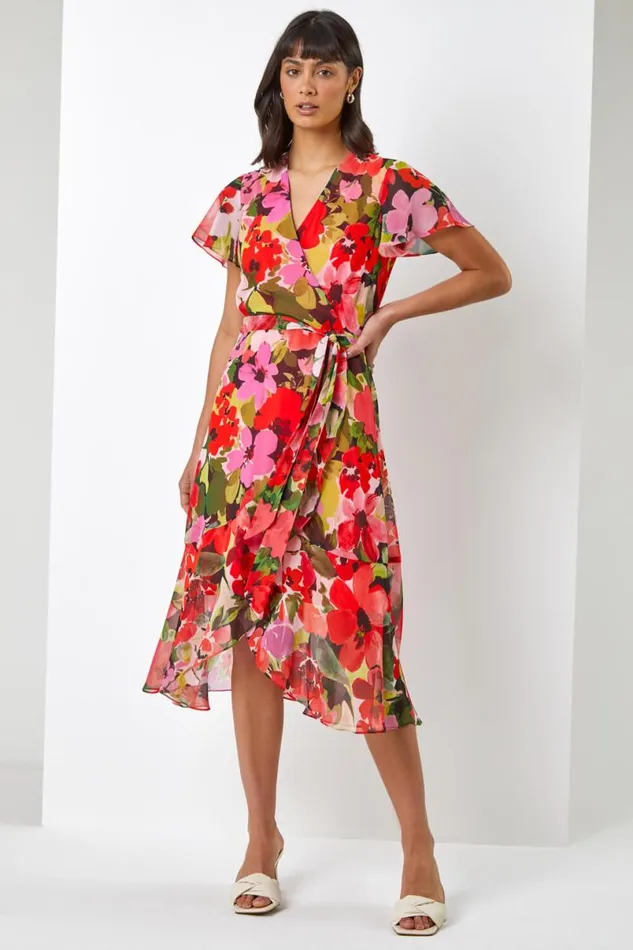 Red Floral Print Wrap Midi Dress Women Roman Dresses