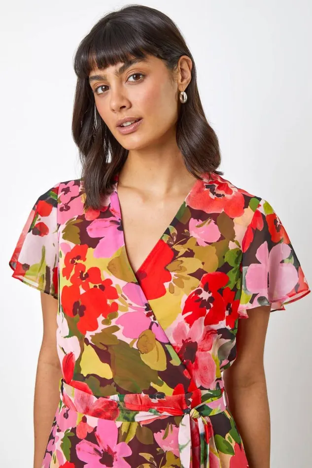 Red Floral Print Wrap Midi Dress Women Roman Dresses