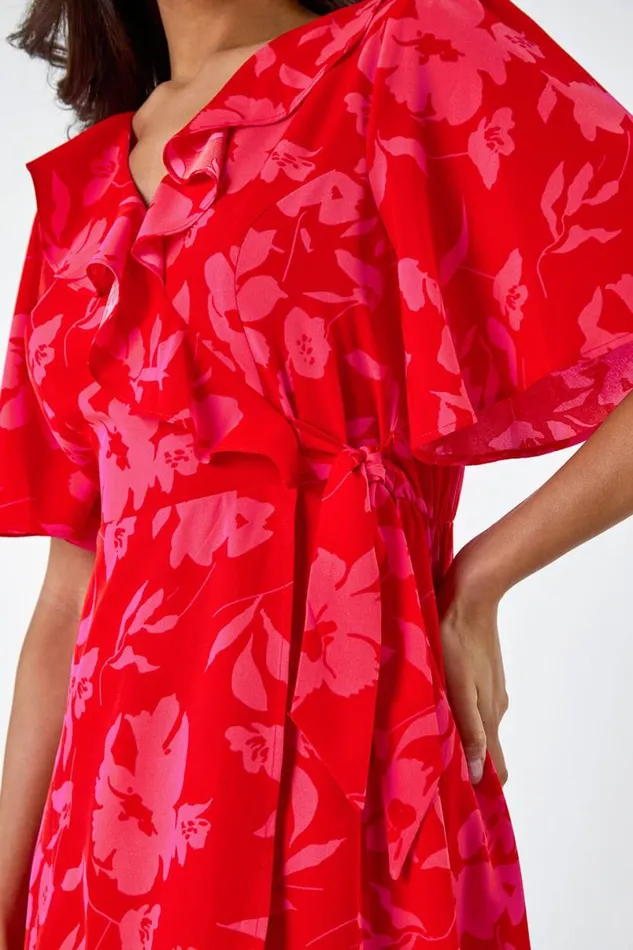 Red Floral Print Wrap Midi Dress Women Roman Dresses
