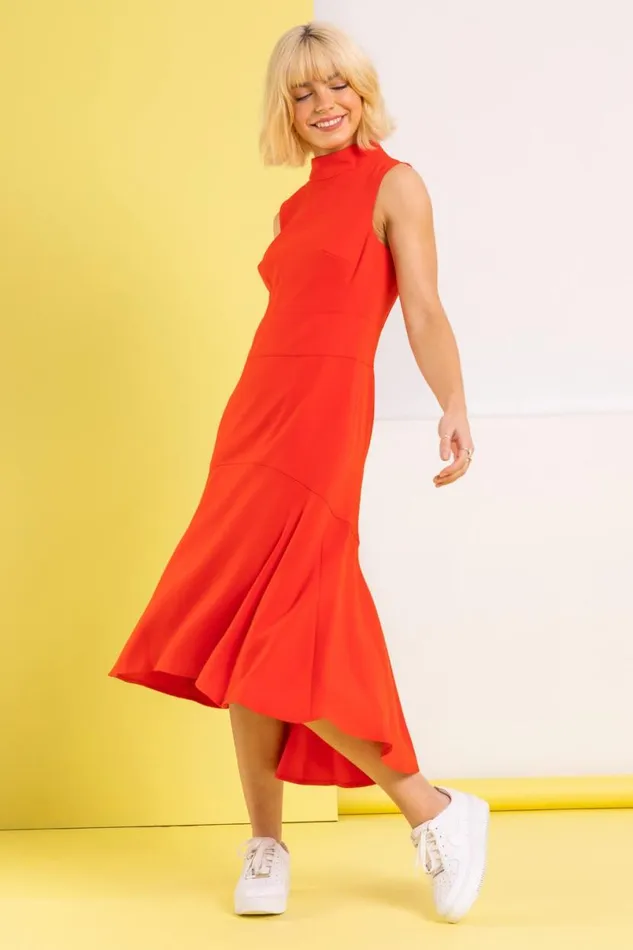 Red High Neck Dipped Hem Midi Dress Women Roman Dresses