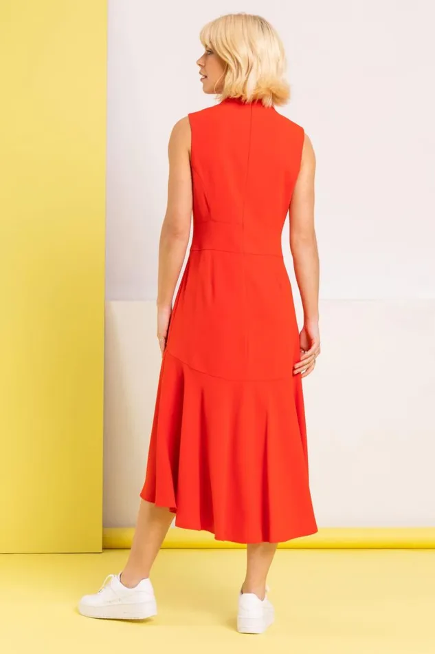 Red High Neck Dipped Hem Midi Dress Women Roman Dresses