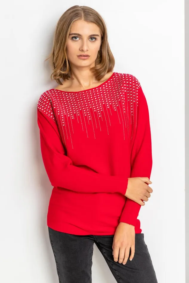 Red Hotfix Neck Embellished Jumper Women Roman Knitwear