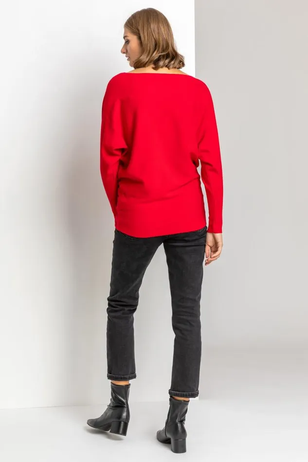 Red Hotfix Neck Embellished Jumper Women Roman Knitwear