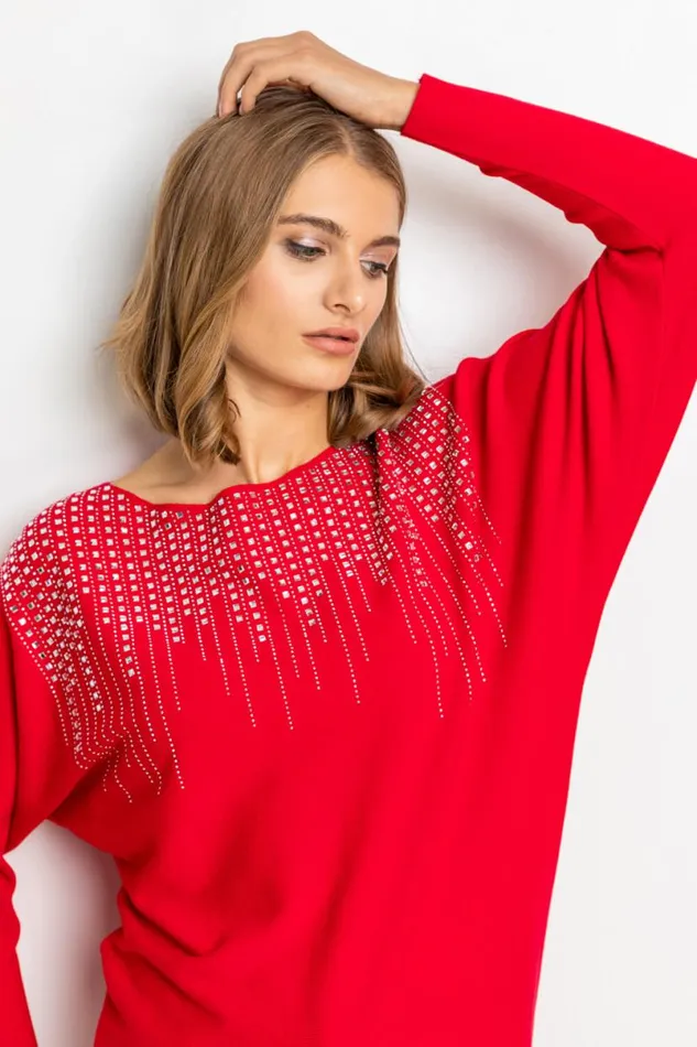 Red Hotfix Neck Embellished Jumper Women Roman Knitwear