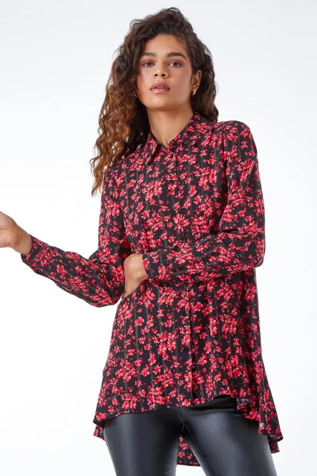 Red Metallic Floral Print Peplum Blouse Women Roman Tops