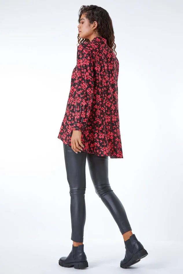Red Metallic Floral Print Peplum Blouse Women Roman Tops