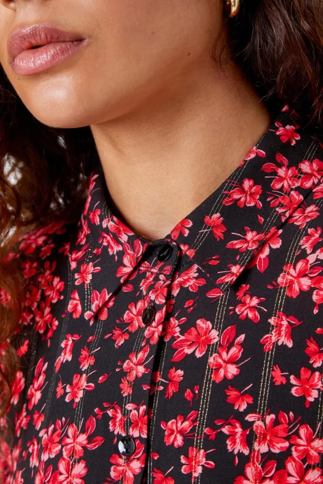 Red Metallic Floral Print Peplum Blouse Women Roman Tops