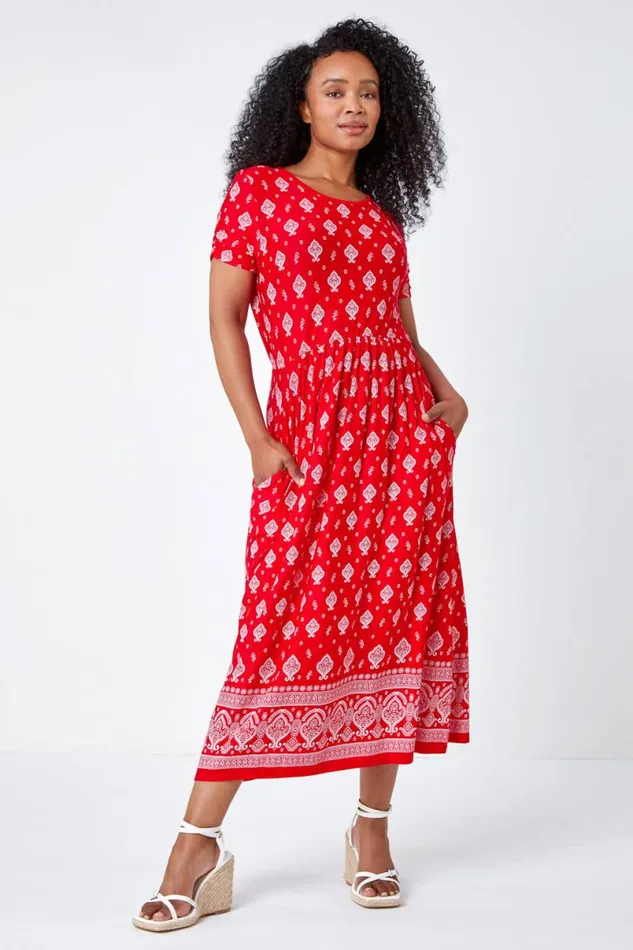 Red Petite Border Print Stretch Midi Dress Women Roman Dresses