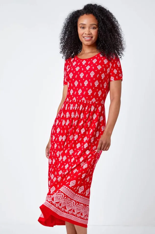 Red Petite Border Print Stretch Midi Dress Women Roman Dresses