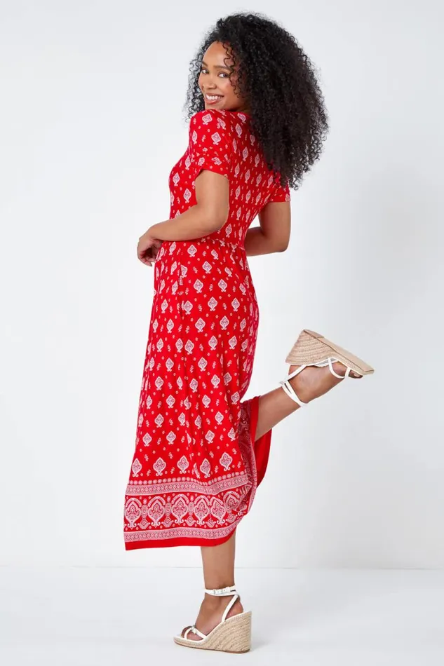 Red Petite Border Print Stretch Midi Dress Women Roman Dresses