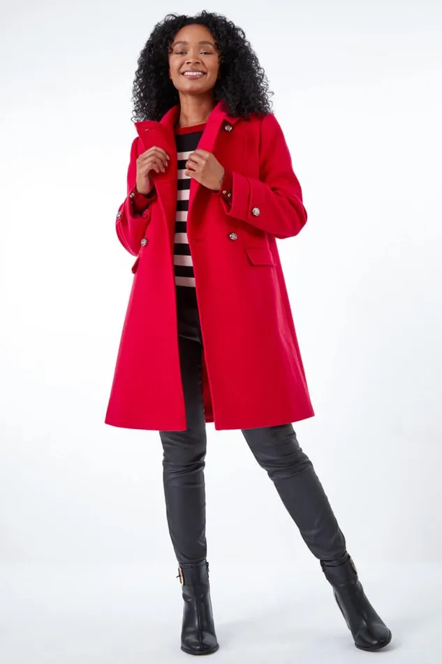 Red Petite Double Breasted Military Coat Women Roman Coats
