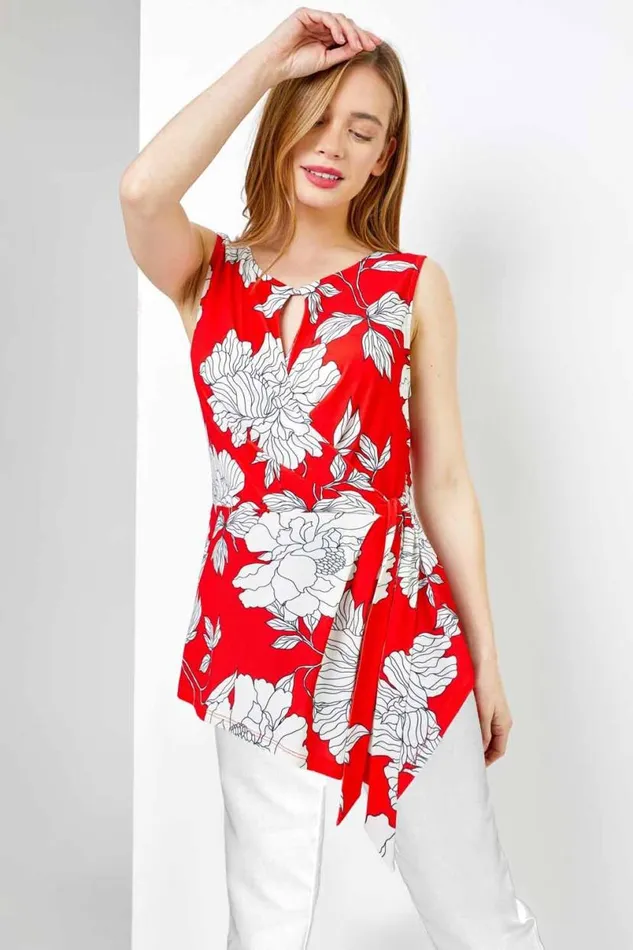 Red Petite Floral Print Asymmetric Top Women Roman Tops