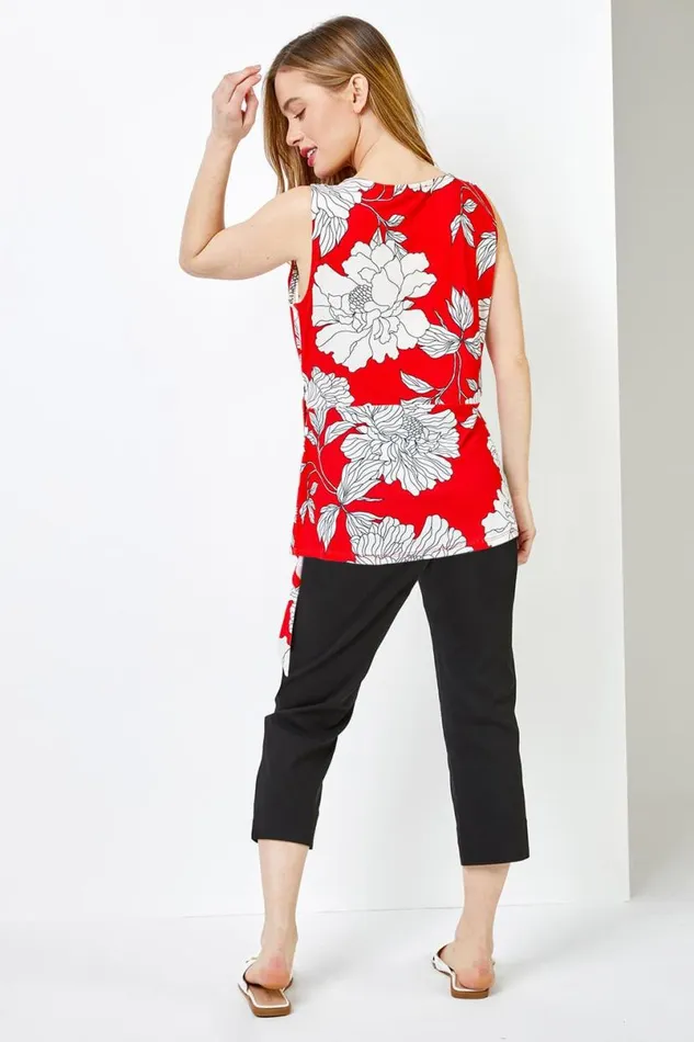 Red Petite Floral Print Asymmetric Top Women Roman Tops