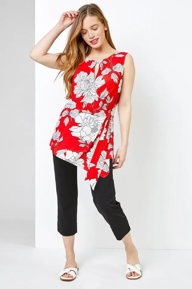 Red Petite Floral Print Asymmetric Top Women Roman Tops
