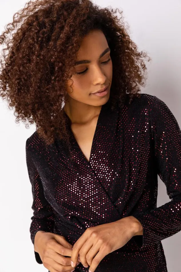 Red Sequin Embellished Ruched Wrap Dress Women Roman Dresses