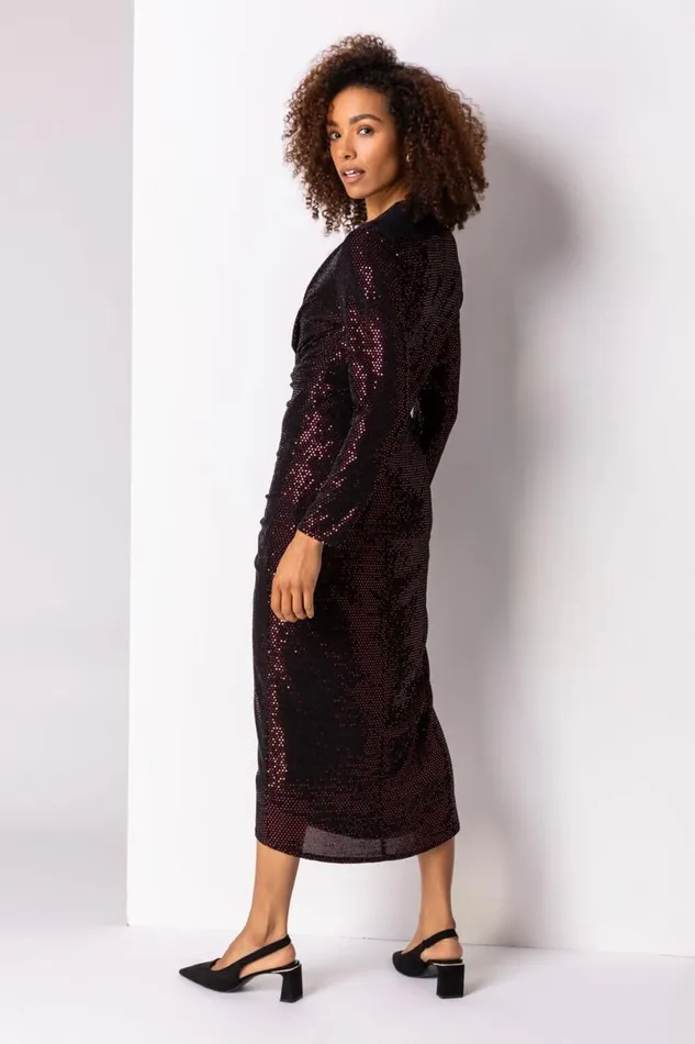 Red Sequin Embellished Ruched Wrap Dress Women Roman Dresses
