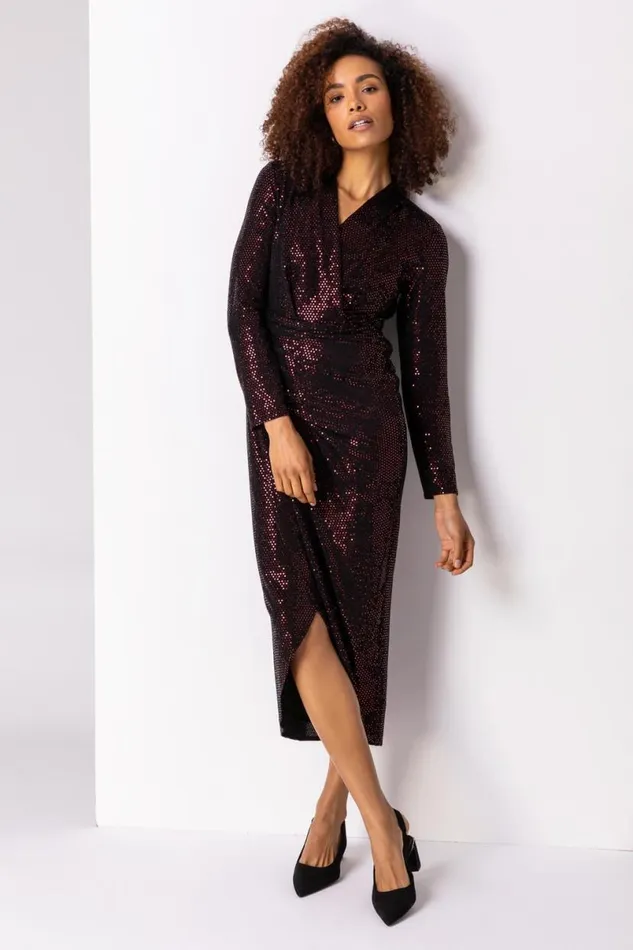 Red Sequin Embellished Ruched Wrap Dress Women Roman Dresses