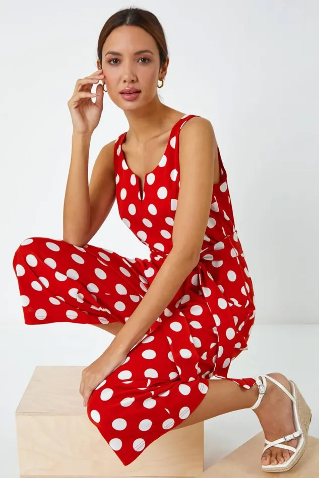 Red Spot Print Belted Jumpsuit Women Roman Dresses