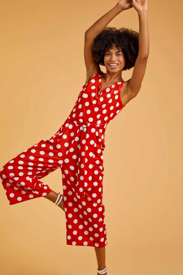Red Spot Print Belted Jumpsuit Women Roman Dresses