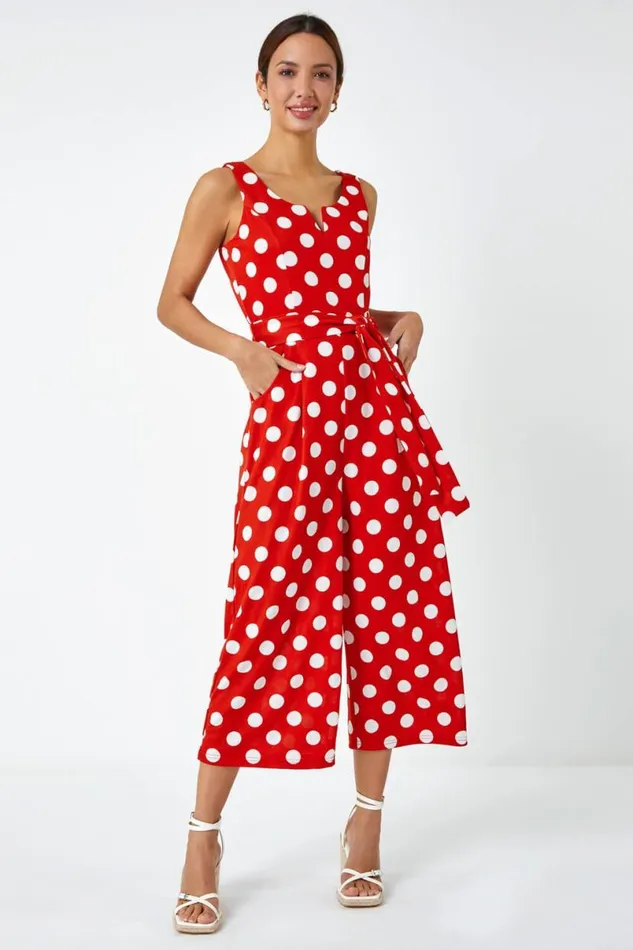 Red Spot Print Belted Jumpsuit Women Roman Dresses