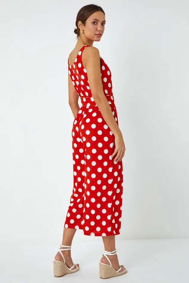 Red Spot Print Belted Jumpsuit Women Roman Dresses