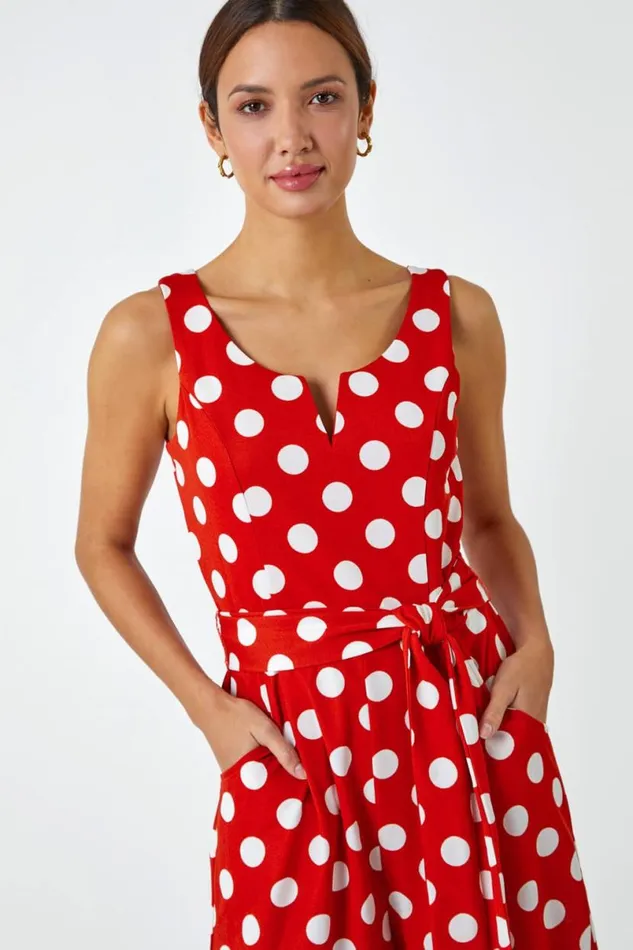 Red Spot Print Belted Jumpsuit Women Roman Dresses