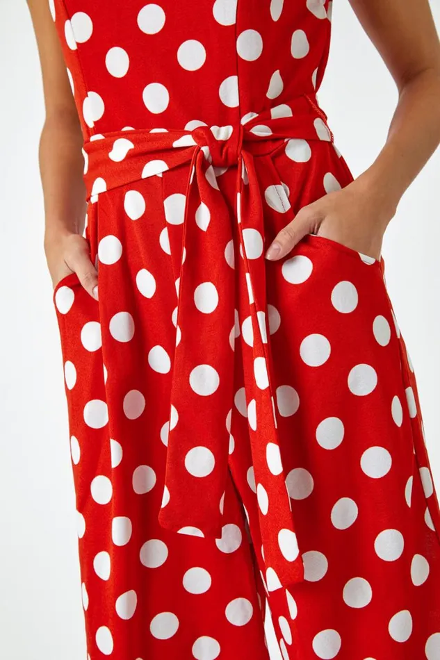 Red Spot Print Belted Jumpsuit Women Roman Dresses